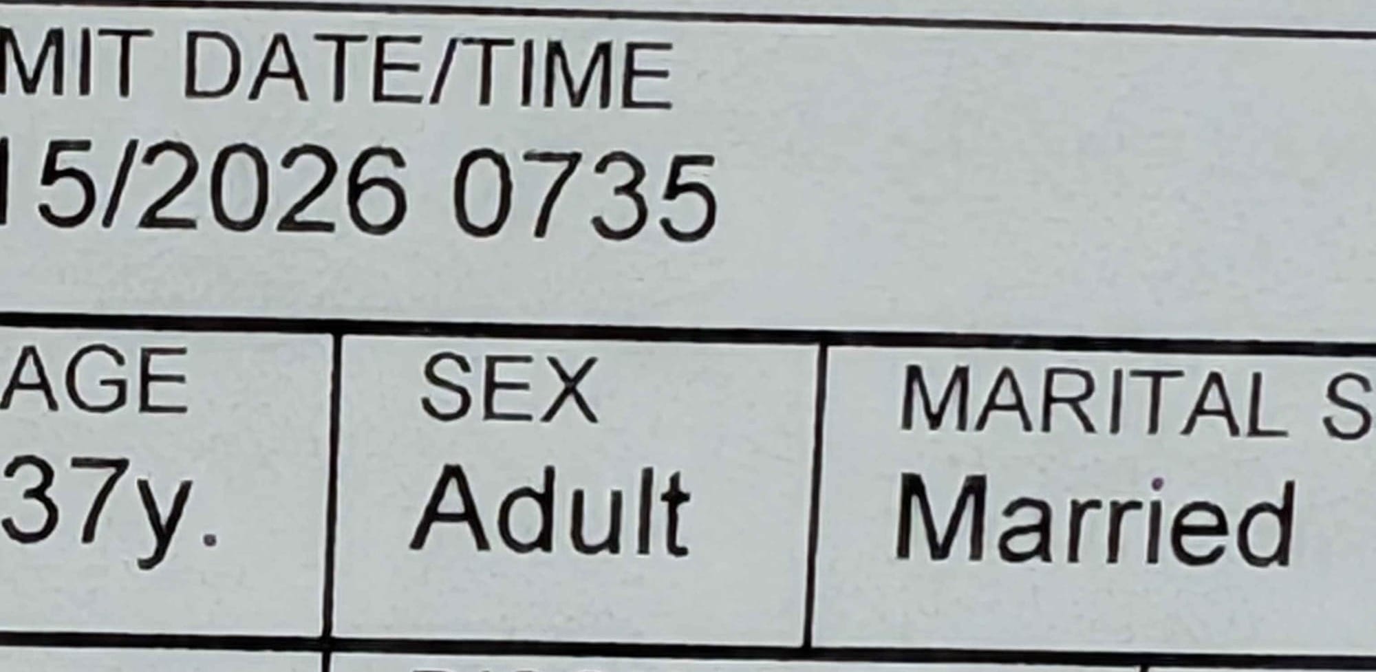 Part of a medical information sheet on a patient. The only discernable/useful information is the fact that it's from 2026, the patient is 37 years old, married, and that under "sex" it says "adult"